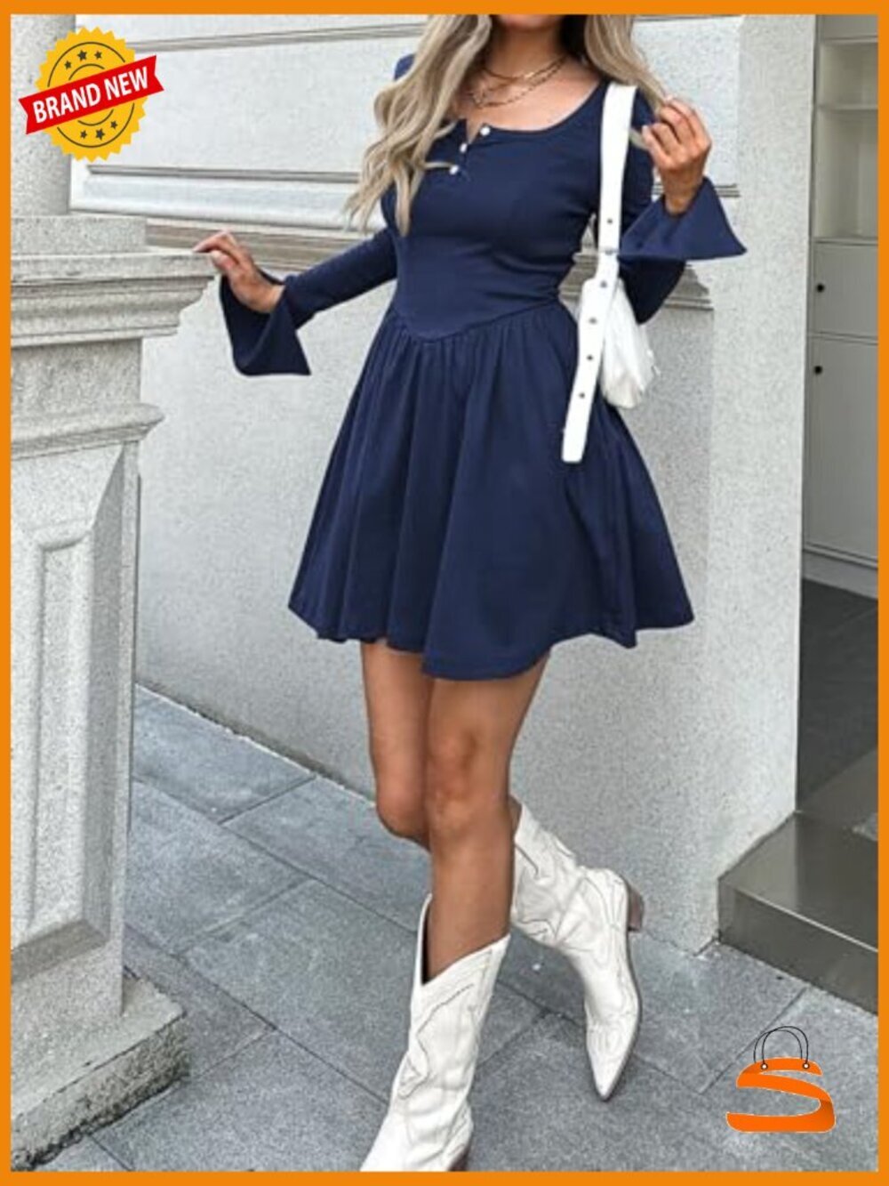 Women's Long Sleeve Mini Dress Square Neck A-Line Pleated with Pockets - Picture 3 of 7